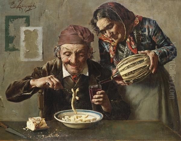 A Hearty Meal Oil Painting by Eugenio Zampighi