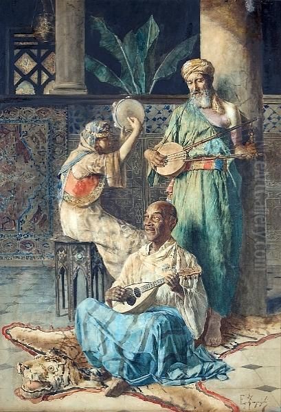 Arab Minstrels In A Courtyard Oil Painting by Eugenio Zampighi