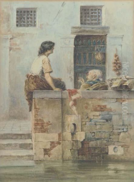 An Idle Conversation By A Venetian Canal Oil Painting by Eugenio Zampighi