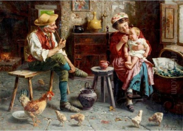 Feeding The Baby Oil Painting by Eugenio Zampighi