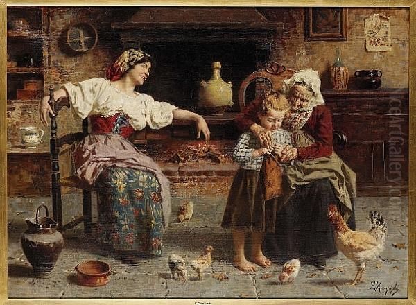 Grandma's Helping Hand Oil Painting by Eugenio Zampighi