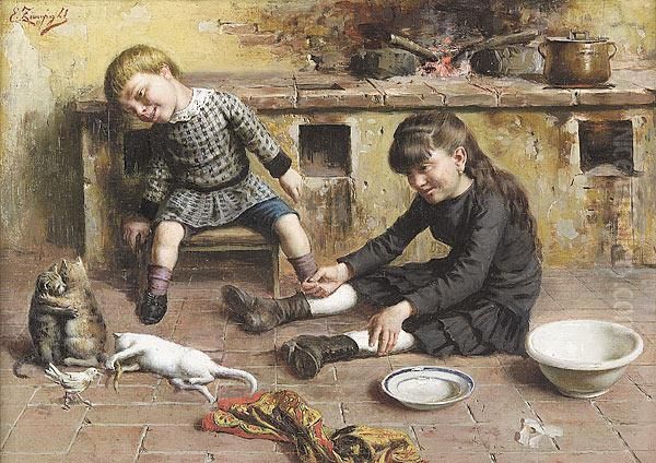 The Playful Kittens Oil Painting by Eugenio Zampighi