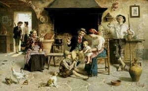 Landliches Familiengluck. In Einer Bauerlichen Kuche Acht Personen Und Einige Tiere. Oil Painting by Eugenio Zampighi