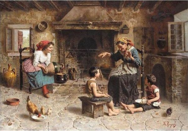 Playing With Grandmother Oil Painting by Eugenio Zampighi