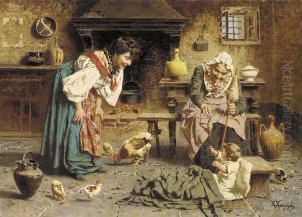 Playtime With Grandmother Oil Painting by Eugenio Zampighi