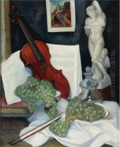 Still Life With A Violin Oil Painting by Angel Zarraga Arguelles