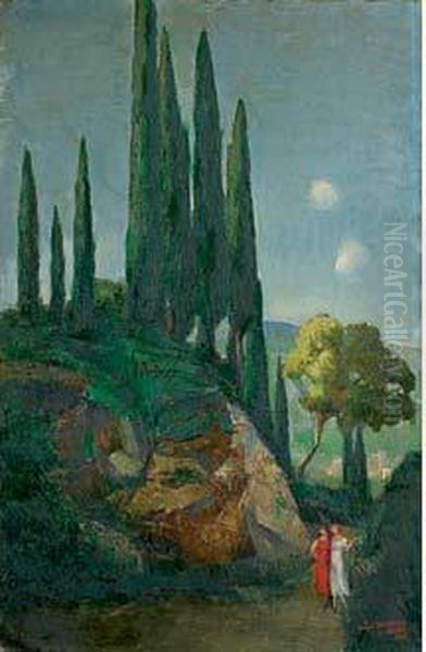 La Promenade A Fiesole, Voyage En Italie, Mai 1922 Oil Painting by Angel Zarraga Arguelles