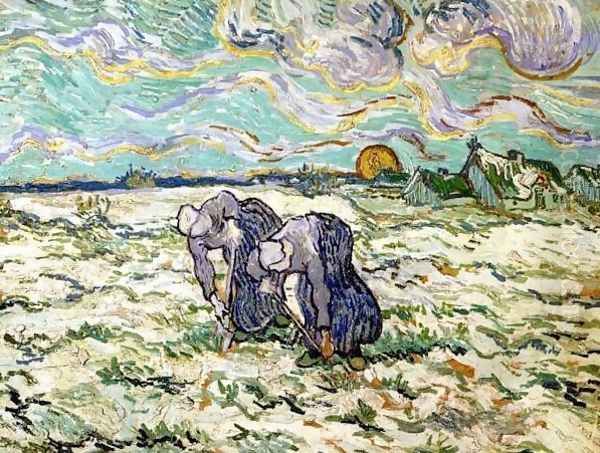 Two Peasant Women Digging In Field With Snow Oil Painting by Vincent Van Gogh