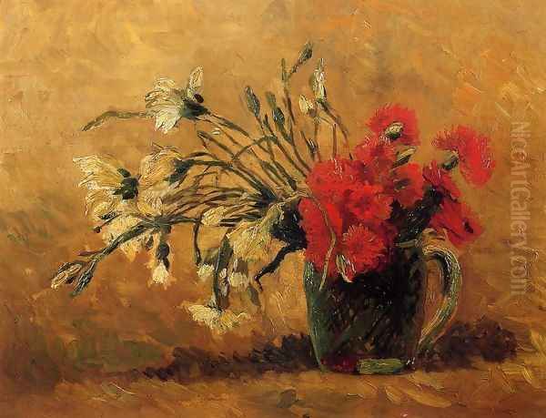 Vase With Red And White Carnations On Yellow Background Oil Painting by Vincent Van Gogh