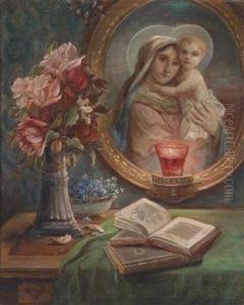 Still Life With Roses And Picture Of The Madonna Oil Painting by Hans Zatzka