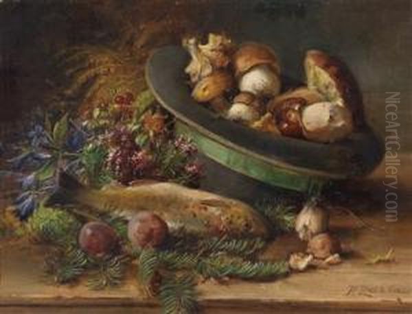 Autumnal Stilllife With Mushrooms And Fish Oil Painting by Hans Zatzka