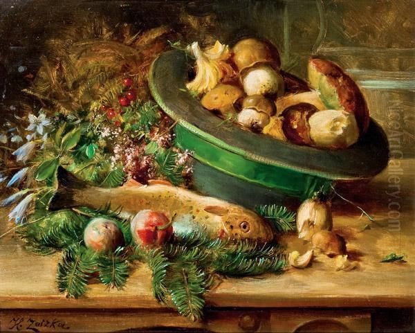 Stillleben Mit Pilzen Und Fisch Oil Painting by Hans Zatzka