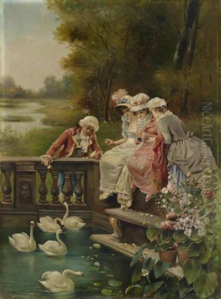 Three Young Ladies And A Gentleman In Rococo Costume Feeding The Swans In The Park Oil Painting by Hans Zatzka