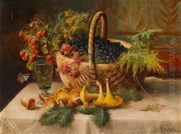 Herbstliches Stillleben Mit Einem Korb Mit Schwarzbeeren Oil Painting by Hans Zatzka