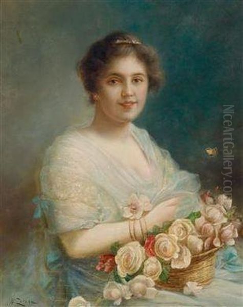 Dame Mit Rosenkorb Oil Painting by Hans Zatzka