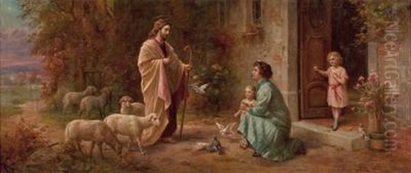 Jesus Als Guter Hirte Vormutter Mit Kindern Oil Painting by Hans Zatzka