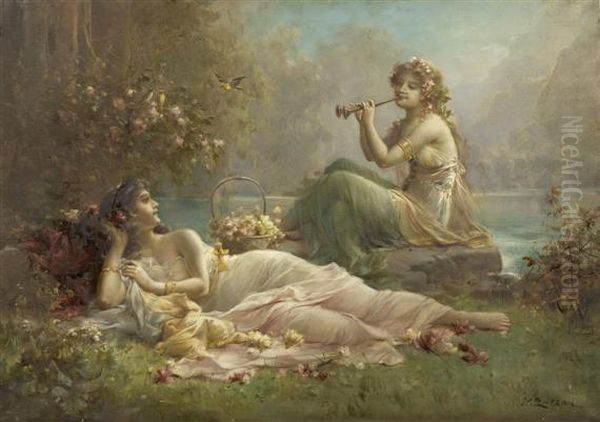 Two Nymphs By The Water Oil Painting by Hans Zatzka