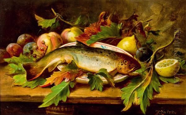 Stillleben Mit Forelle Oil Painting by Hans Zatzka