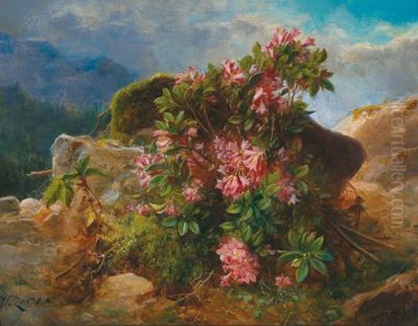 Alpine Roses In Styria Oil Painting by Hans Zatzka