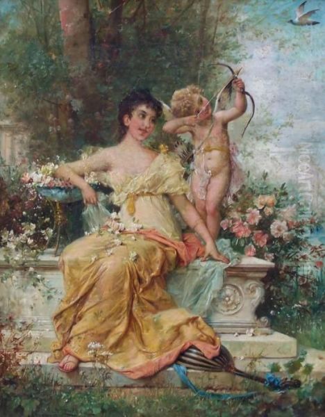 Junge Frau Mit Mandoline Und Amor Mit Gespanntem Bogen Oil Painting by Hans Zatzka