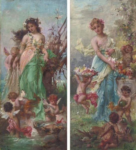 Fruits Of The Sea; And An Allegory Of Summer Harvest Oil Painting by Hans Zatzka