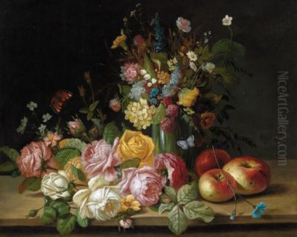 Blumenstuck Mit Rosen Undsommerblumen Und Apfel Oil Painting by Hans Zatzka