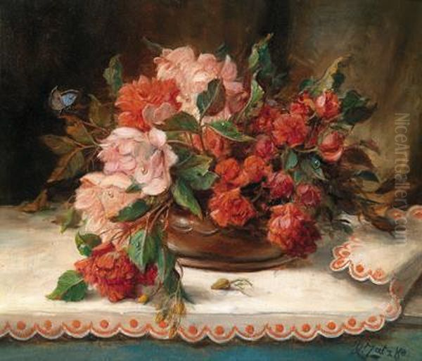 Rosenbouquet In Einer Kupferschale Oil Painting by Hans Zatzka