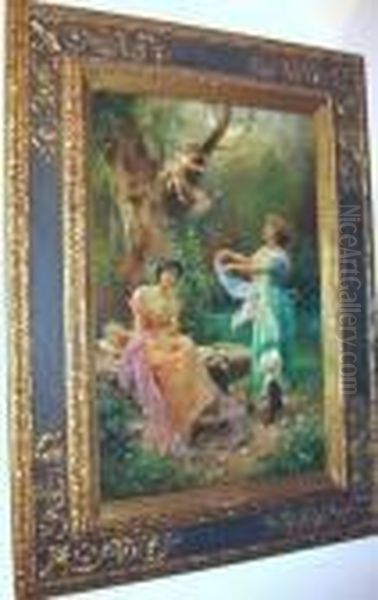 Maidens With Cherub In Tree Oil Painting by Hans Zatzka