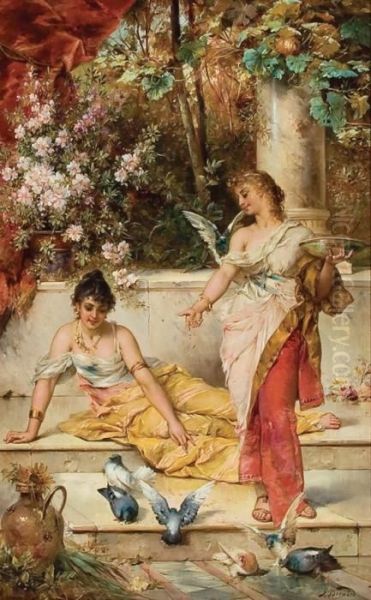 Young Maidens With Doves Oil Painting by Hans Zatzka