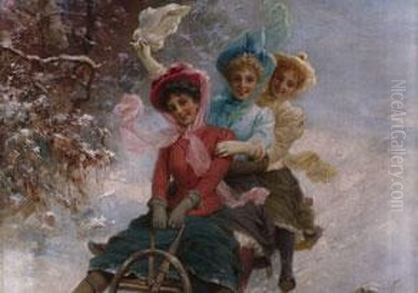 Drei Madchen Auf Schlittenfahrt Oil Painting by Hans Zatzka