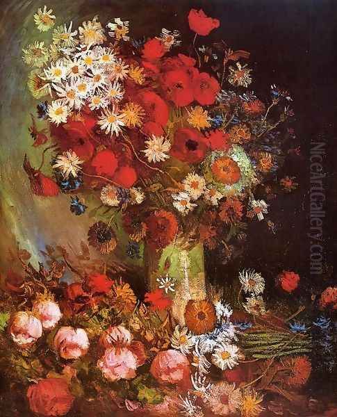 Vase with Poppies, Cornflowers, Peonies and Chrysanthemums Oil Painting by Vincent Van Gogh