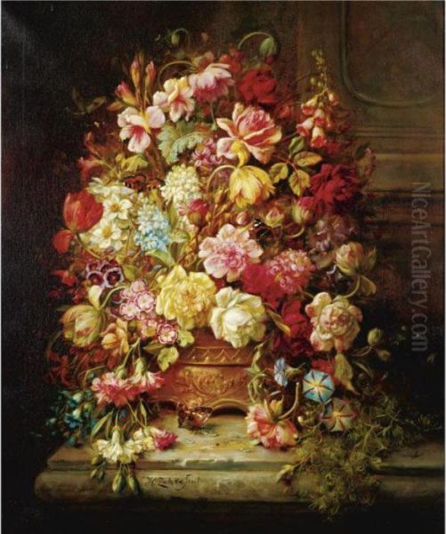 Still Life With Flowers In A Jardiniere Resting On A Ledge Oil Painting by Hans Zatzka