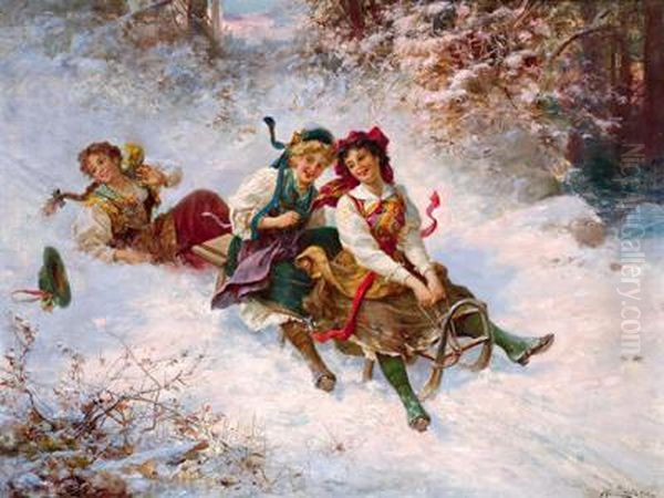 Corsa In Slitta Oil Painting by Hans Zatzka