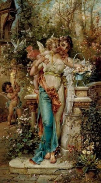 Venus And Amor Oil Painting by Hans Zatzka