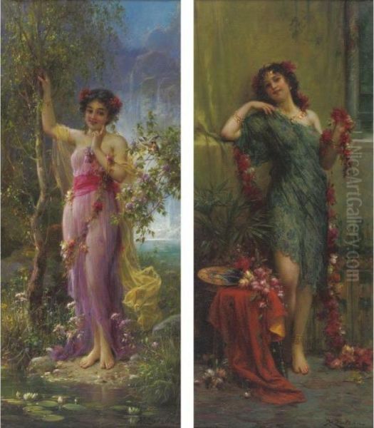 Girls With Garlands Of Flowers: A Pair Oil Painting by Hans Zatzka