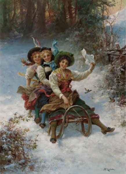 Sledding Oil Painting by Hans Zatzka