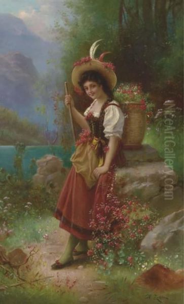 The Flower Girl Oil Painting by Hans Zatzka