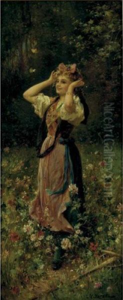 Young Woman In A Meadow Of Flowers Oil Painting by Hans Zatzka