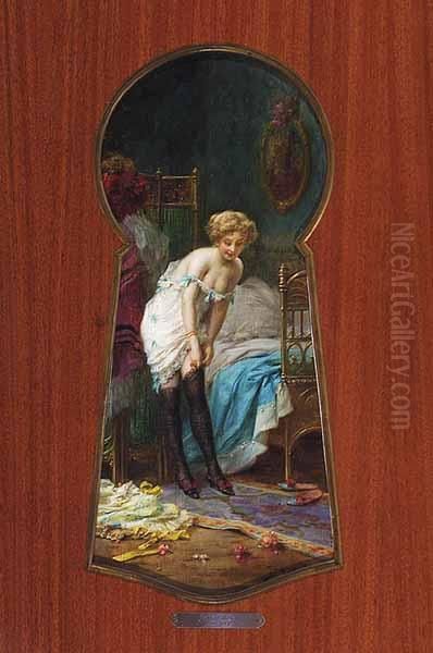 A Boudoir Scene, Through The Keyhole Oil Painting by Hans Zatzka