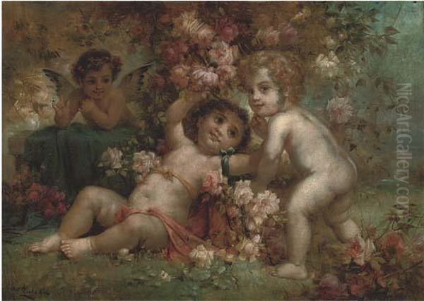 Cherubs Disporting Amongst Spring Blooms Oil Painting by Hans Zatzka