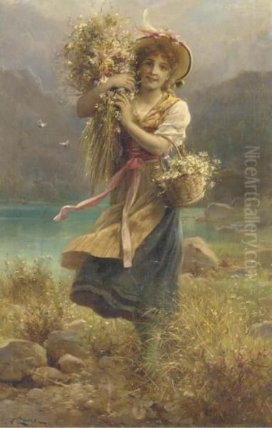 The Flower Girl Oil Painting by Hans Zatzka