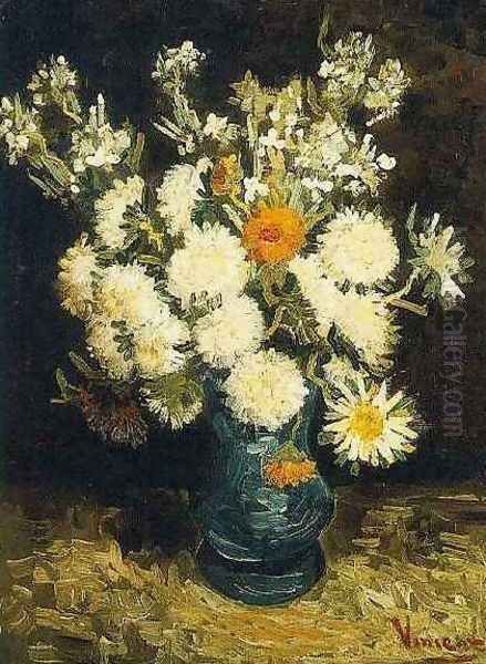 Flowers In A Blue Vase Oil Painting by Vincent Van Gogh