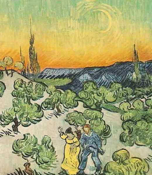 Landscape With Couple Walking And Crescent Moon Oil Painting by Vincent Van Gogh