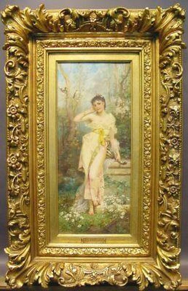 Maiden In A Garden Oil Painting by Hans Zatzka