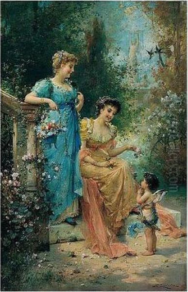 Zwei Madchen Mit Amor (love Is In The Air) Oil Painting by Hans Zatzka