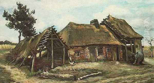 Cottage With Decrepit Barn And Stooping Woman Oil Painting by Vincent Van Gogh