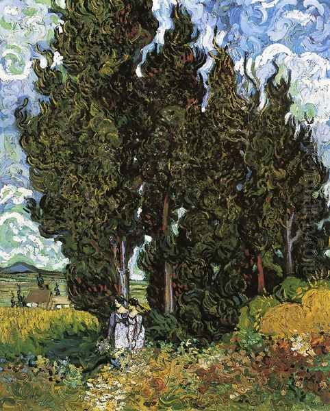 Cypresses With Two Female Figures Oil Painting by Vincent Van Gogh