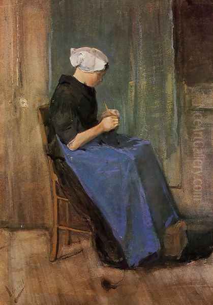 Young Scheveningen Woman Knitting Oil Painting by Vincent Van Gogh