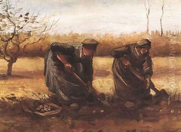 Two Peasant Women Digging Potatoes Oil Painting by Vincent Van Gogh