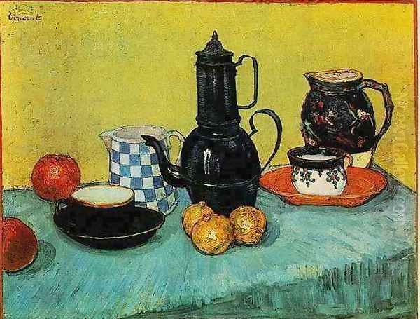 Blue Enamel Coffeepot Earthenware And Fruit Oil Painting by Vincent Van Gogh